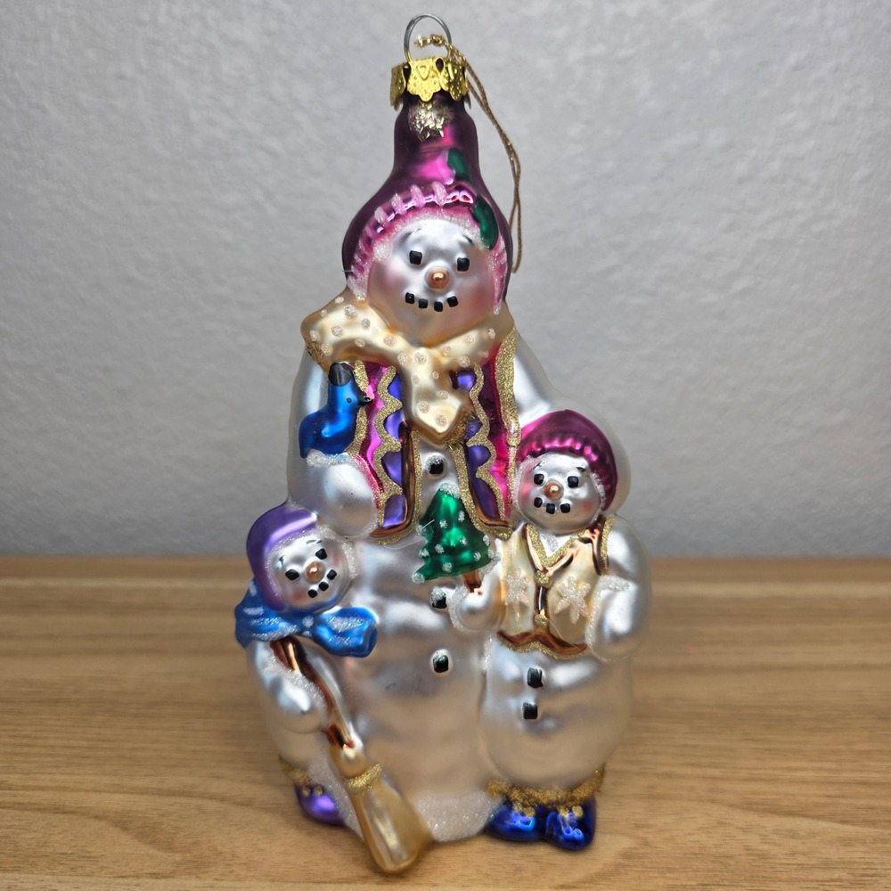 Vintage Snowman Family Christmas Tree Glass Ornament Silver Purple Glitter 7in